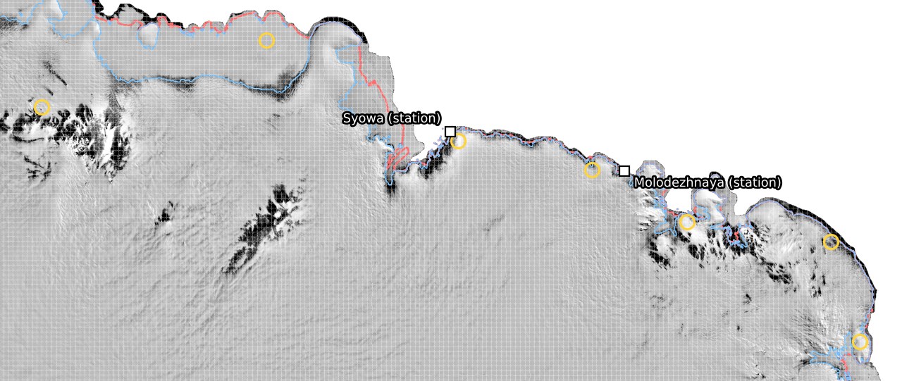Map of the Dronning Maud Land and Enderby Land coast from Princess Elisabeth to 57E with the seven meteogram sites on the MODIS mosaic