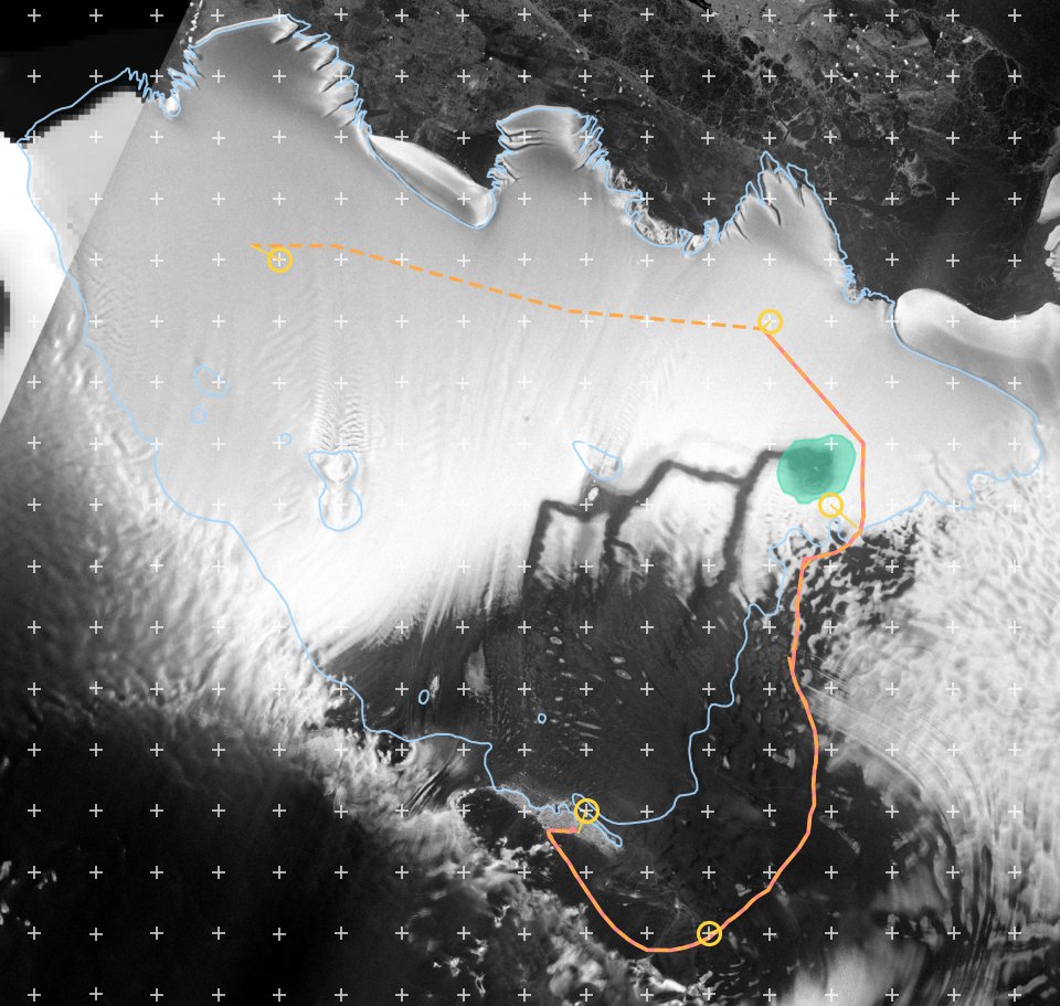 Map of Nivlisen and Schirmacher Oasis with the five meteogram sites on the NISAR radar mosaic