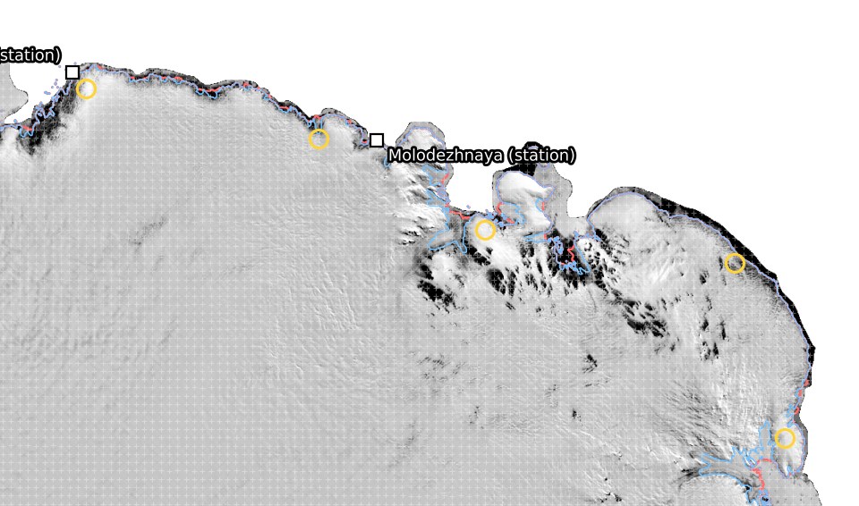 Map of the Enderby Land coast from Syowa to 57E with the five meteogram sites on the MODIS mosaic